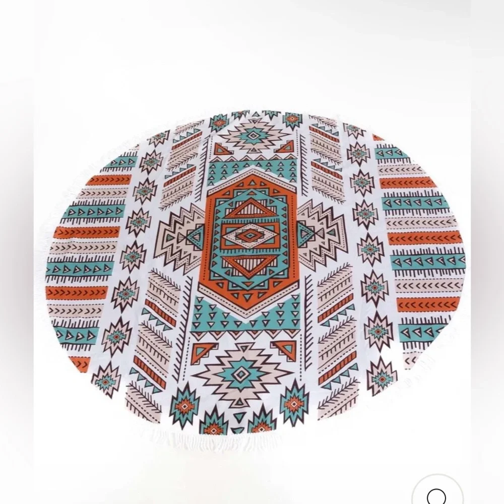 Beach Towel Round with White Fringe  - Aztec Print Festival, Beach or Picnic.